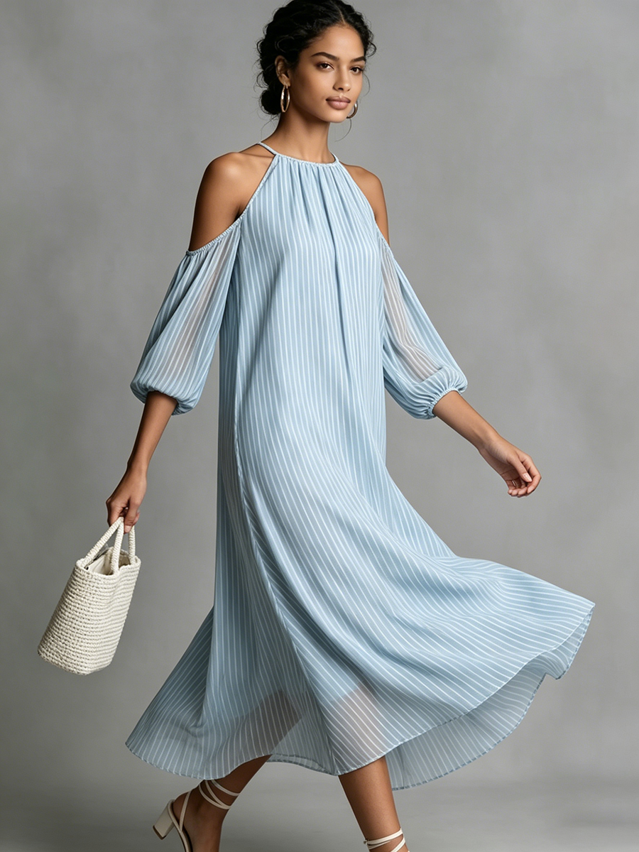 Elegant Halter-neck Striped Off-shoulder Midi Dress