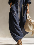 Elegant Urban-style Navy Blue Cotton And Linen Maxi Dress
