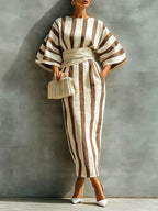 Women's Striped Print Round-neck 3/4-sleeve Casual Loose Cotton-linen Dress (belt Not Included)