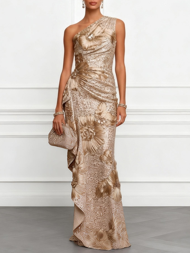 Champagne 3D Floral Sequin One Shoulder Sleeveless Mermaid Floor-length Gown Dress