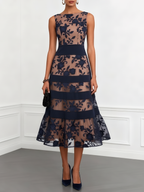 Black Mesh Lace Boat Neck Sleeveless A-Line Midi Dress