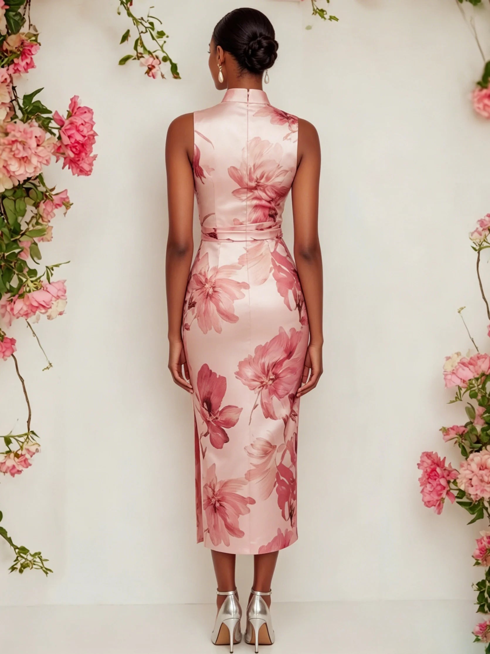 Pink Floral Satin Mock Neck Sleeveless Sheath Midi Dress