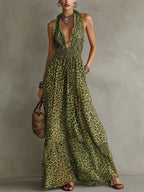 Green Leopard Print deep V-neck Ruffled Halter Neck Chiffon Maxi Dress
