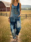 Women's Distressed Art Print Casual Denim Jumpsuit