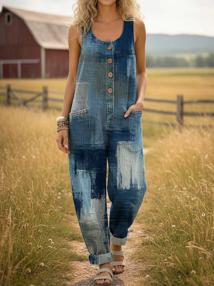 Women's Distressed Art Print Casual Denim Jumpsuit