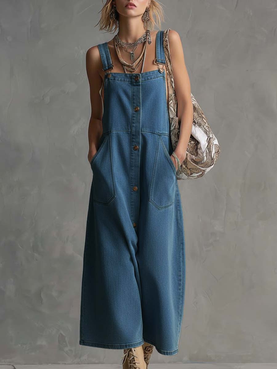 Women's Casual Loose Sleeveless Denim Overalls Dress