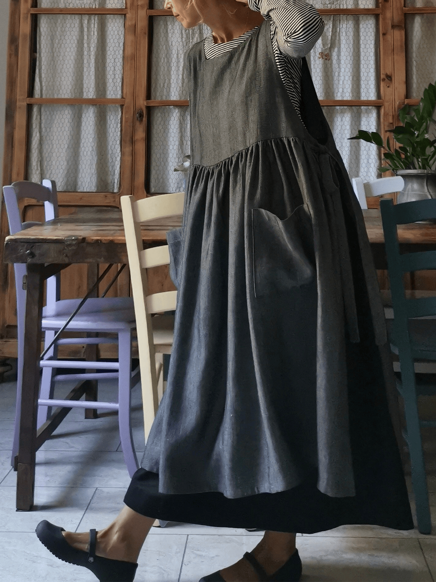 Grey Herringbone Linen Apron with Pockets