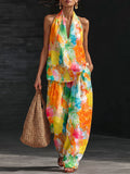 Artistic Watercolor Print Vacation Cotton-linen Two-piece Set