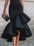 Asymmetrical Ruffle Hem Tailored Midi Dress