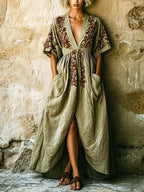 Women's Retro Floral Art Casual Stylish Vacation Maxi Cotton Linen Dress