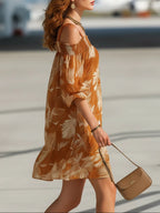 Vacation Orange Off-Shoulder Printed Chiffon Mini Dress