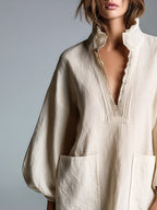 Beige V-neck Lace-trimmed Lantern Sleeve Patch Pocket Loose Mini Dress