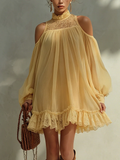 Yellow Off-shoulder Chiffon Lace Mini Dress
