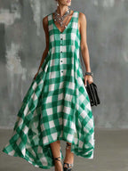 Women's V-neck Sleeveless Plaid Print Casual Loose Cotton Linen Dress