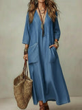 Casual V-neck Patch Pockets Denim Dress