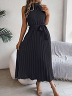 Women's Casual Stand-up Collar Sleeveless Pleated Dress