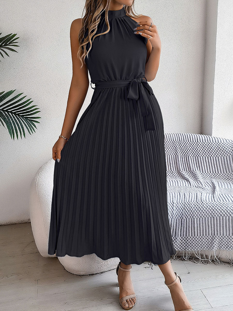 Women's Casual Stand-up Collar Sleeveless Pleated Dress