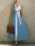 Fashionable Patchwork White Collar Sleeveless Cotton Dress