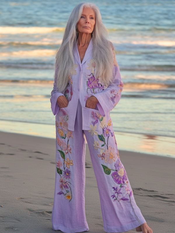 Vacation seaside elegant embroidery top + pant two piece set f290