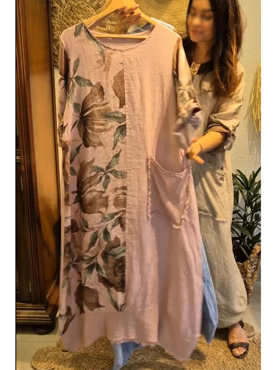 Loose-fitting Casual Floral Print Linen And Cotton Dress