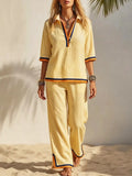 Women's Casual Striped Decorative Top With Wide-leg Cotton And Linen Pants Set