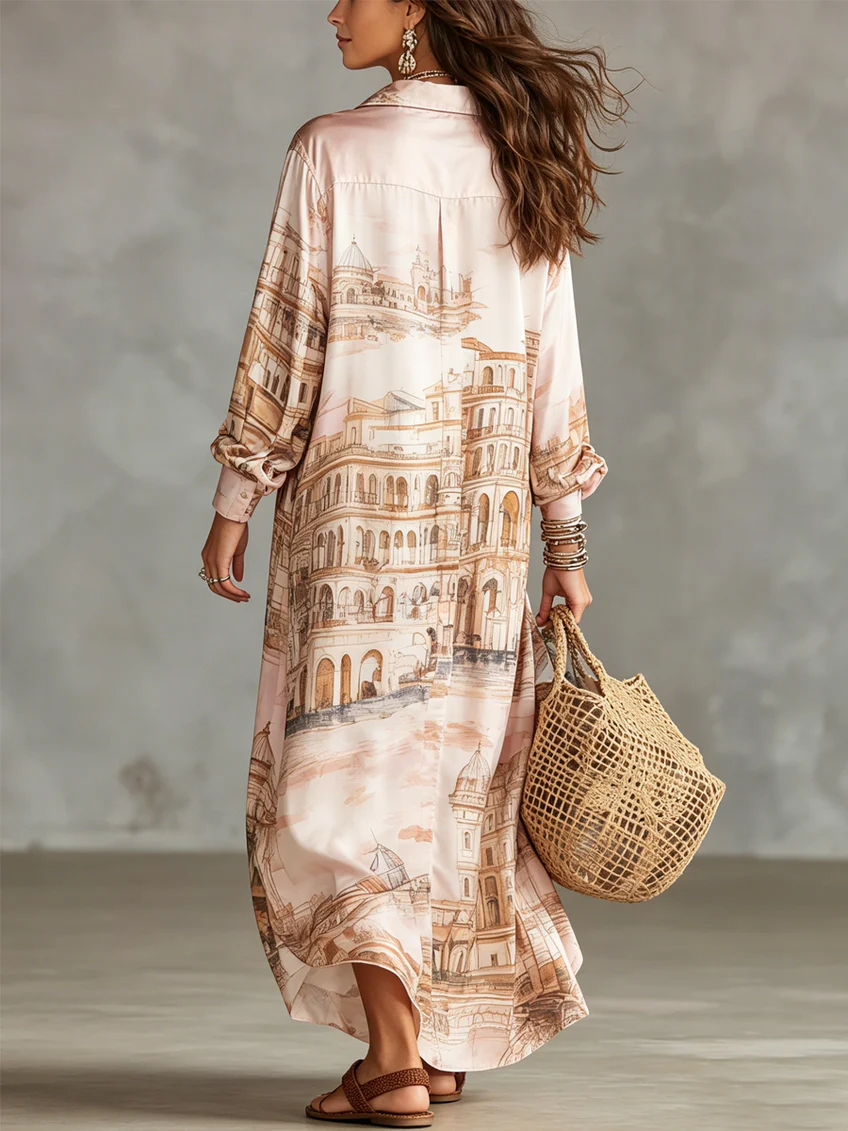 Pink Baroque Print Satin Shirt Maxi Dress
