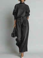 Women's Stand-collar Long-sleeved Casual Loose Denim Top And High-waisted Casual Loose Wide-leg Denim Pants Set.