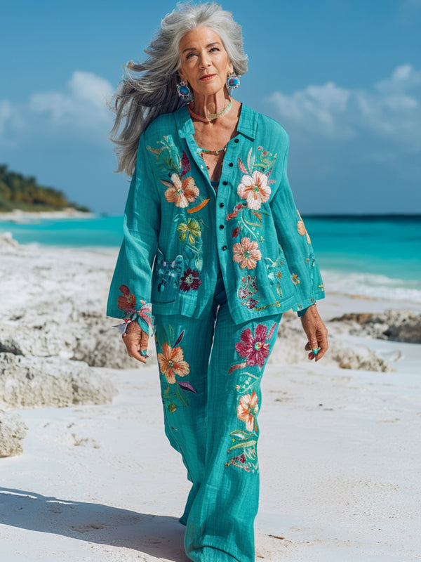 Vacation seaside elegant embroidery top + pant two piece set 396c