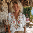 Women's Bohemian Floral Embroidered V-neck T-shirt