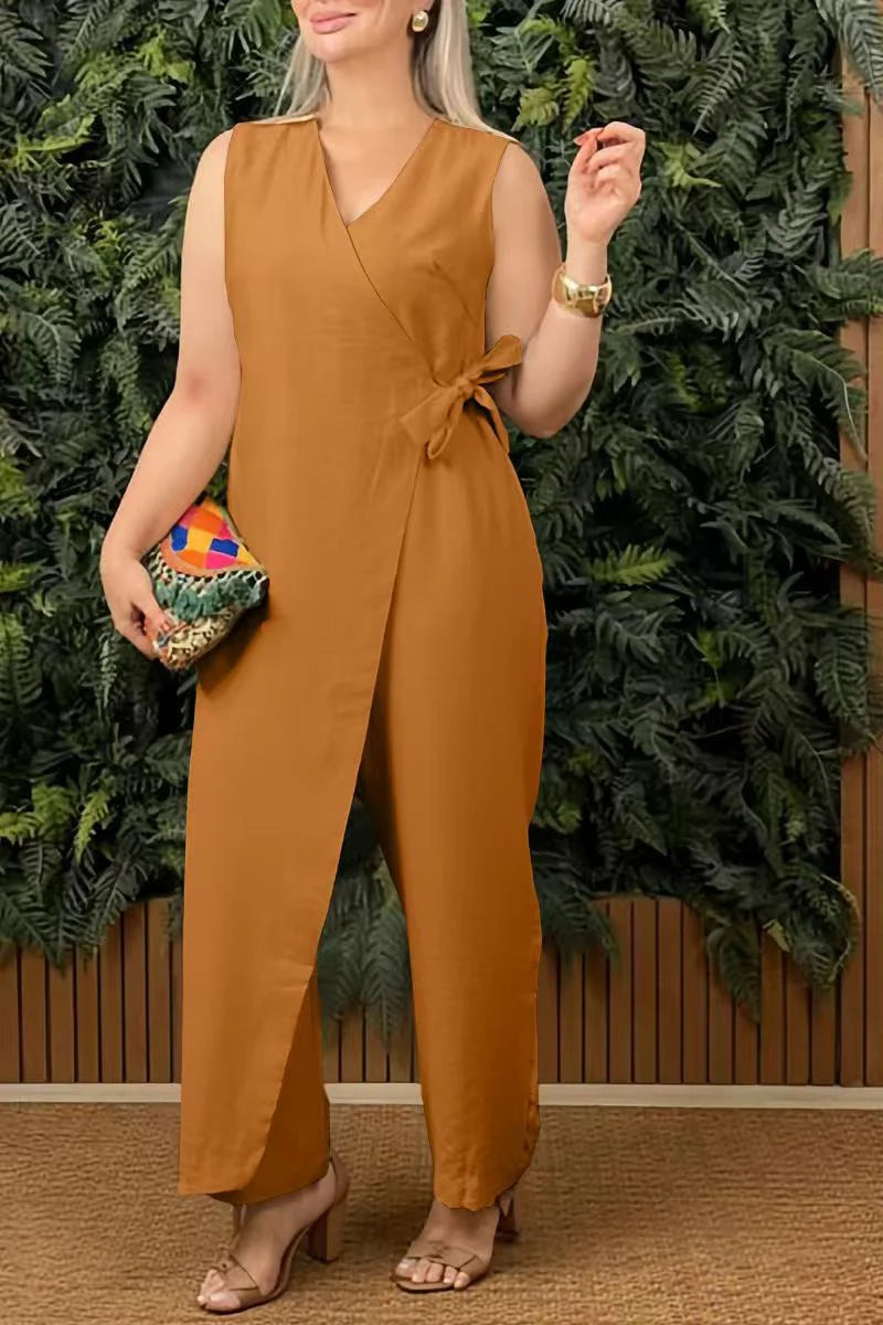 Women's Casual V-neck And Crisscross Straps Cotton Jumpsuit