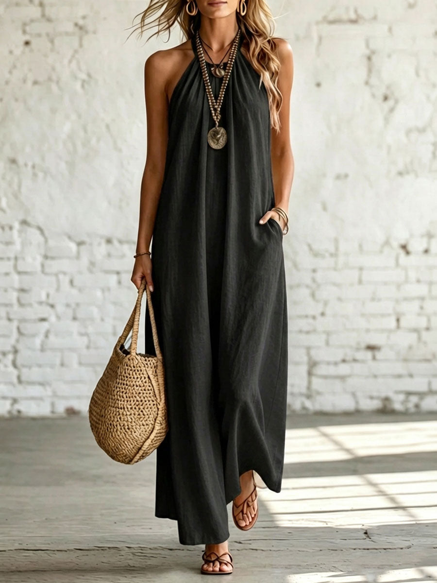 Women's Casual Loose-fitting Linen And Cotton Sleeveless Halter-neck Dress