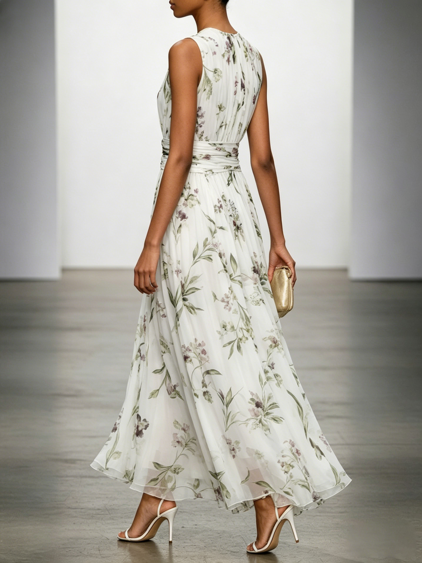White Floral Chiffon Crew Neck Sleeveless A-Line Maxi Dress