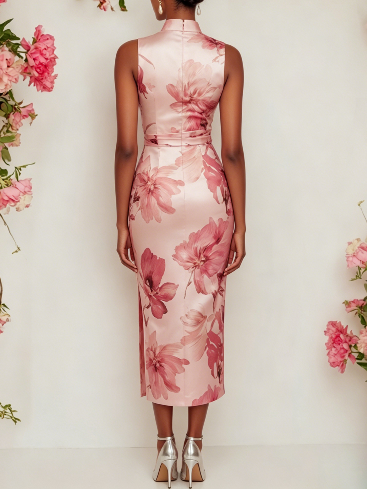 Pink Floral Satin Mock Neck Sleeveless Sheath Midi Dress
