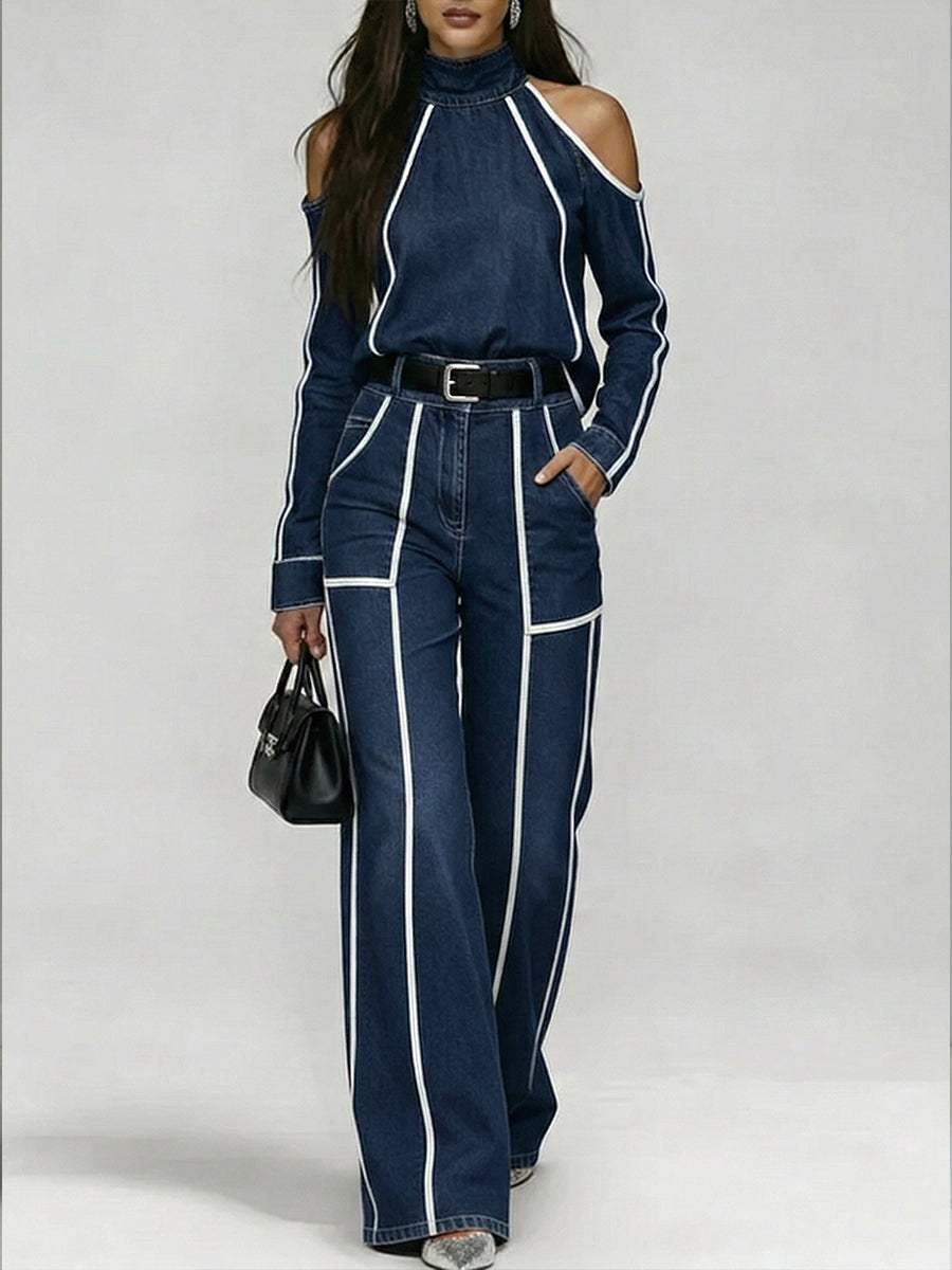 Stylish Off-shoulder White Trim Denim Top And Jeans Two-piece Set