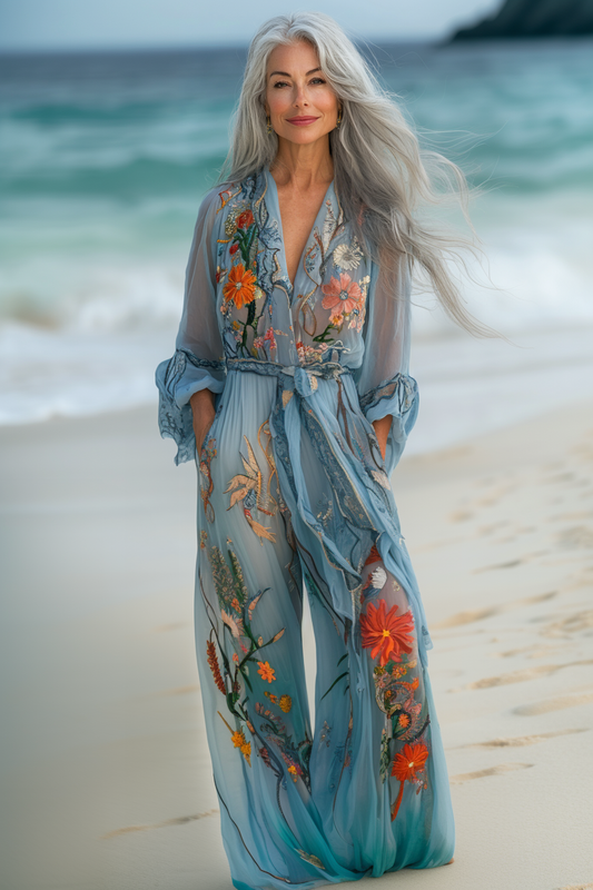 Vacation seaside elegant embroidery top + pant two piece set 80bf