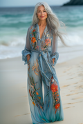 Vacation seaside elegant embroidery top + pant two piece set 80bf