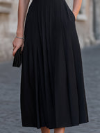 Pleated High-Neck Sleeveless Midi Dress