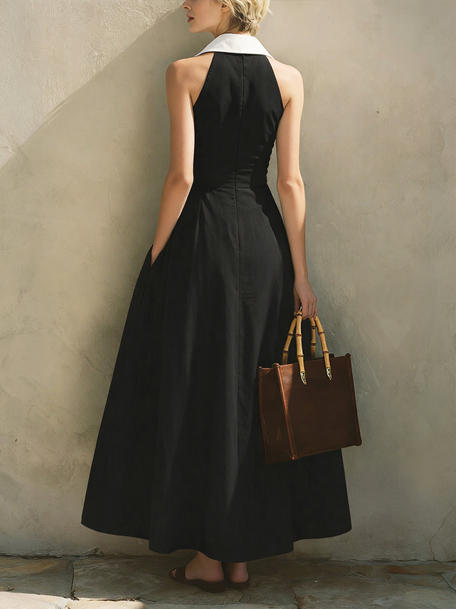 Fashionable Patchwork White Collar Sleeveless Cotton Dress