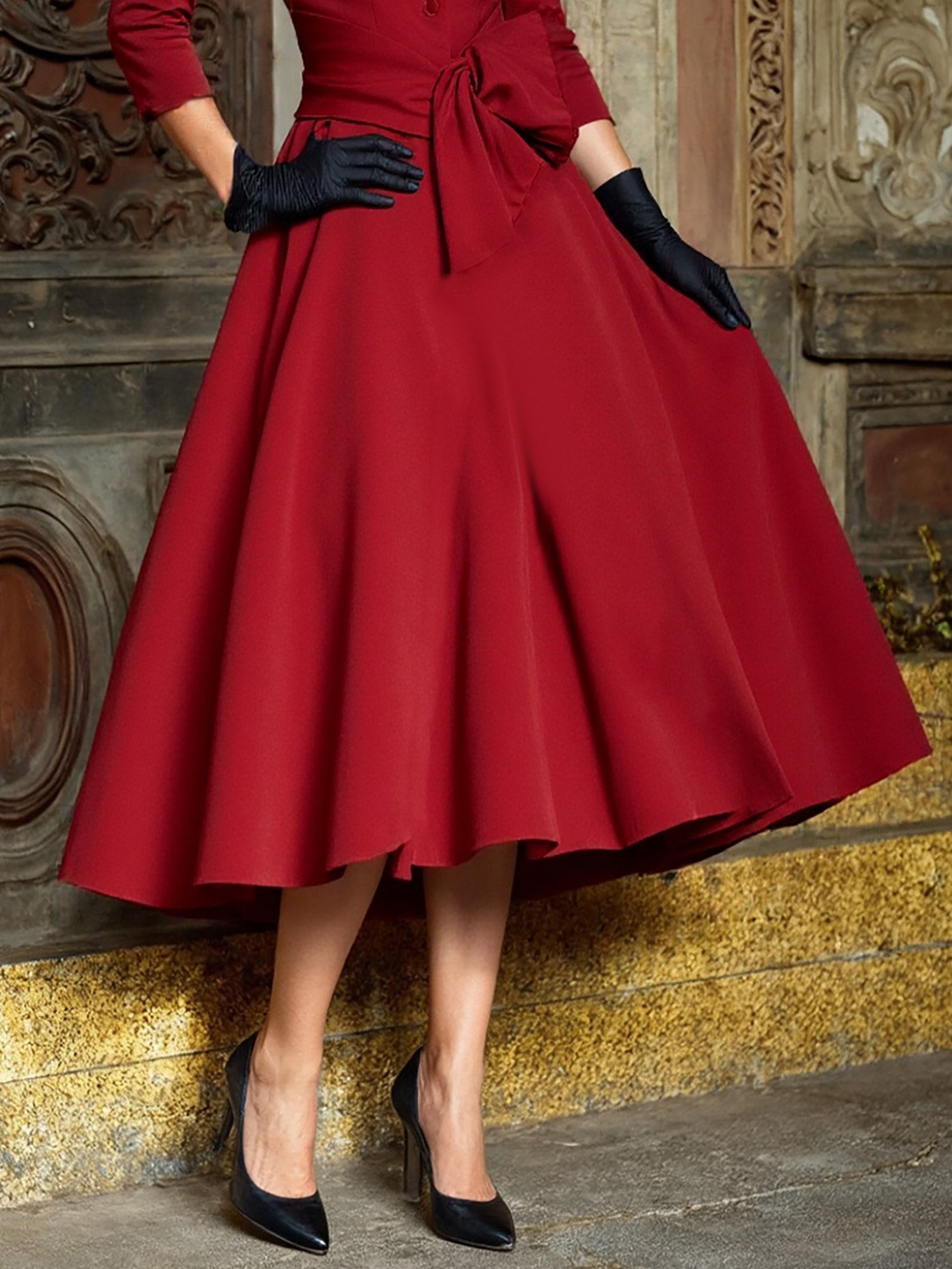 Midi Cotton Dress, Half Sleeve, Shawl Collar, Plain, Button Design, French Vintage, Red