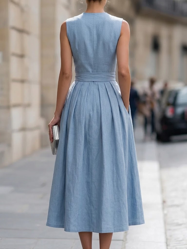 Elegant A-line Sleeveless Linen And Cotton Dress