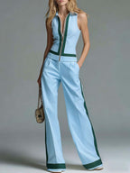 Women's Collared Sleeveless Casual Loose Top And High-waisted Casual Loose Wide-leg Pants Cotton Set