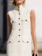 Sleeveless Stand Collar Button Down Utility Pocket Shift Mini Dress