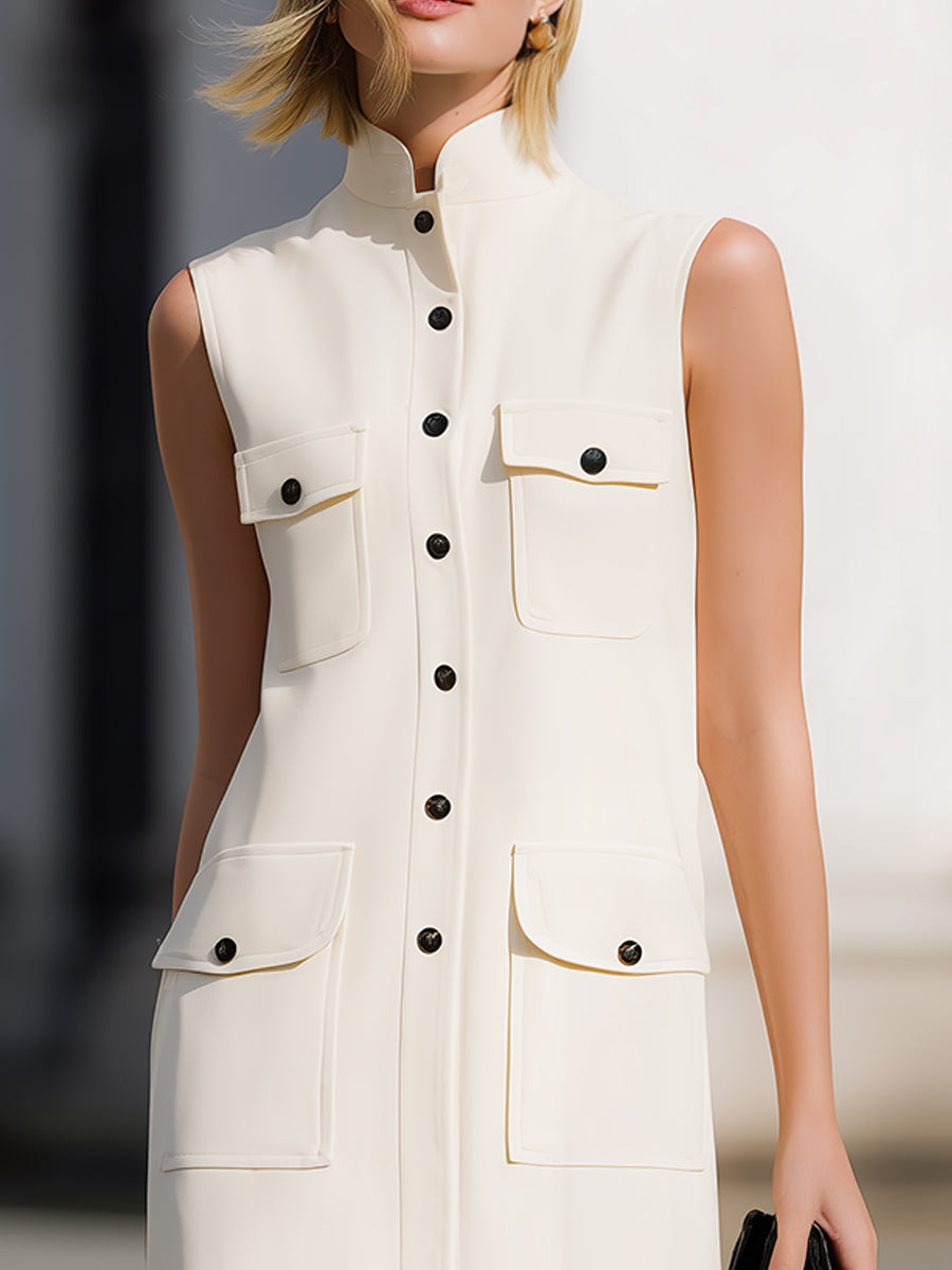 Sleeveless Stand Collar Button Down Utility Pocket Shift Mini Dress