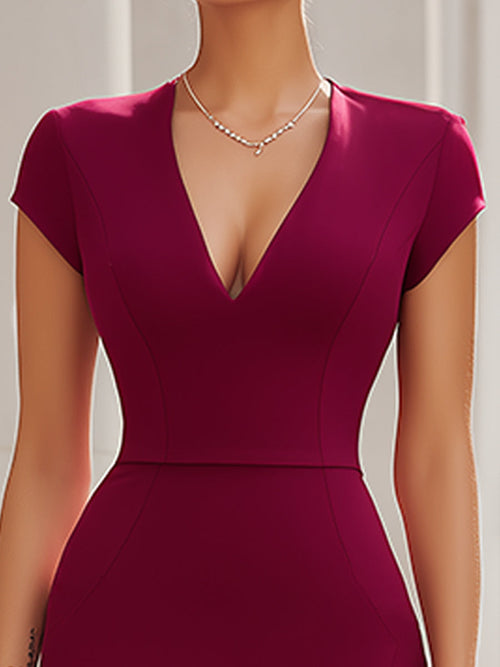 Deep V-Neck Short Sleeve Wrap Hem Bodycon Midi Dress