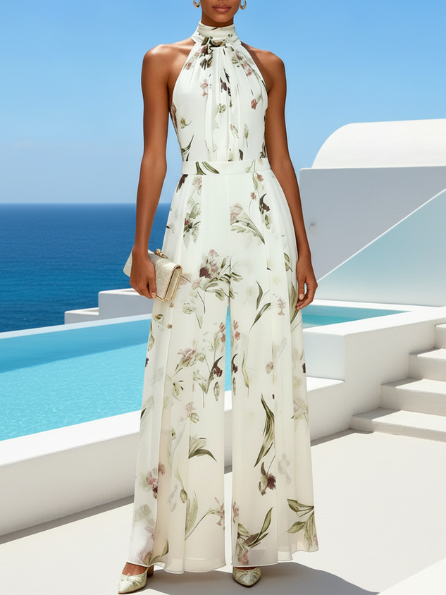 Women White Floral Halter Sleeveless Romantic Jumpsuit