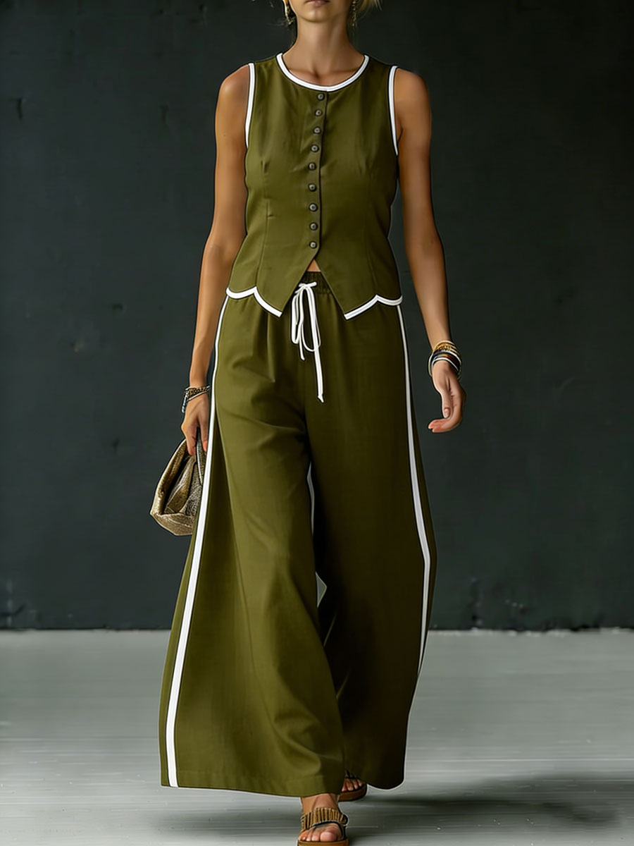 Women's Color-blocked Sleeveless Single-breasted Vest And Drawstring Trousers Set