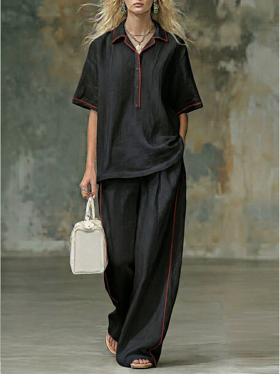 Casual Red-trimmed Short-sleeved Linen And Cotton Shirt And Trousers Two-piece Set