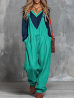 Women's Color-block Patchwork Round Neck Long-sleeved Casual Loose Top And Cotton And Linen Suspender Wide-leg Jumpsuit Set.
