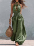 Retro Halter-neck Elasticized Waist Jumpsuit