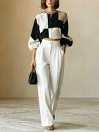 Commuter Color Block Long-Sleeved Top And Straight Leg Pants Set